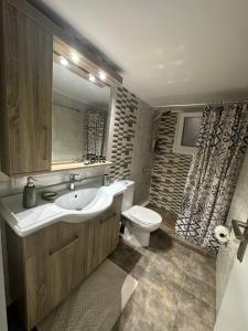 ein Badezimmer mit einem Waschbecken, einem WC und einem Spiegel in der Unterkunft Mairas Ηouse in Piräus