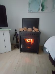 a fireplace in a living room with a stove at La casa del abuelo Ángel in Lugo