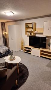 een woonkamer met een bank, een tv en een tafel bij Haus Westharz Clausthal in Bad Grund