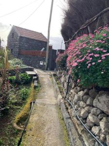 a garden with pink flowers next to a building at Cozy chalet with ocean view in Seixal