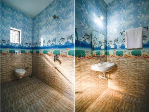 Hotel Pasquina Baga في باغا: صورتين لحمام مع مرحاض ومغسلة