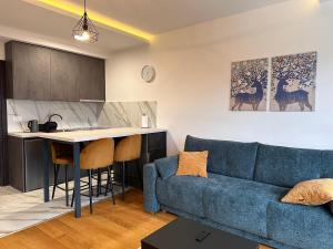 Il comprend un salon avec un canapé bleu et une cuisine. dans l'établissement Glecer A07, à Kopaonik