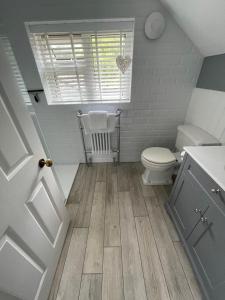 a bathroom with a toilet and a window at Seaside Spacious Cosy Cottage On The Edge Of The New Forest in Lymington +29 photos