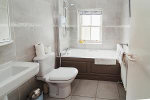 a bathroom with a toilet and a tub and a sink at Delphi Lodge Cottages in Leenaun