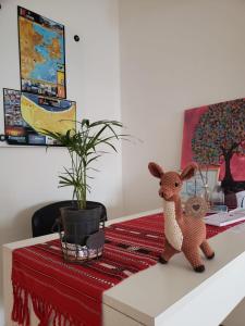 a table with a stuffed animal sitting on top of it at Guanaco Hostel in Puerto Madryn