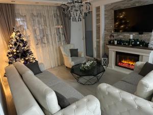 una sala de estar con un árbol de Navidad y una chimenea en Apartman MDB RETRO en Subotica