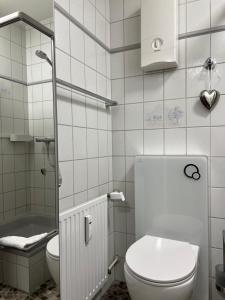 a white bathroom with a toilet and a sink at Hike & Bike in Altenau
