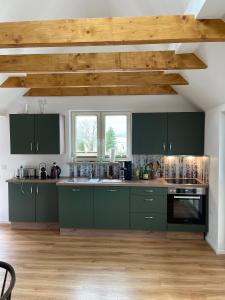 a kitchen with green cabinets and a wooden ceiling at Altes Fischerhaus in Binz in Binz