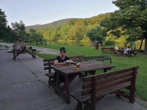 a woman sitting at a picnic table at a park at Kékház Apartman kicsi in Esztergom