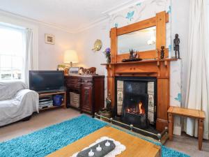 sala de estar con chimenea y TV en Castle Lodge, en Keswick