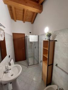 ein Bad mit einem Waschbecken, einem WC und einer Dusche in der Unterkunft Il Vagabondo in Volta Mantovana