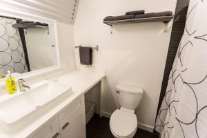 a bathroom with a sink and a toilet and a mirror at Moon 201 - Crescent Moonset Suite - 1BR - 1 Bath in New Orleans