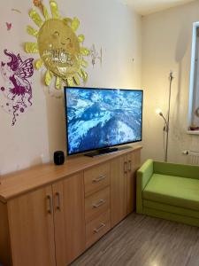 una sala de estar con TV de pantalla plana en un armario de madera en Cozy Studio in neighbourhood with Prague, en Beroun