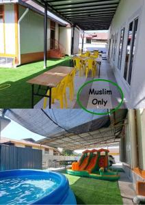 two pictures of a swimming pool with a table and chairs at Esah Best INN in Muar