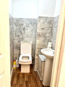 a small bathroom with a toilet and a sink at Brilliant One Bedroom Flat in London in London