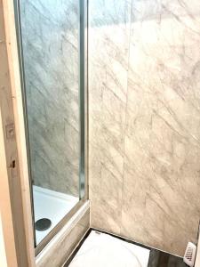 a shower with a glass door next to a toilet at Brilliant One Bedroom Flat in London in London