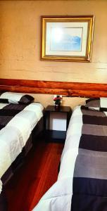 Moonsong Accommodation & Camping في بليتنبيرغ باي: سريرين في غرفة مع صورة على الحائط