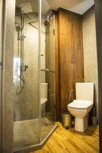 a bathroom with a toilet and a glass shower at Zatyshok nad Prutom in Bukovel