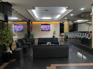 a lobby with couches and chairs in a building at Hotel Europa in Blumenau