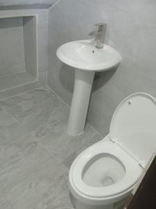 a bathroom with a white toilet and a sink at Casa Hotel Rousse in Tequila