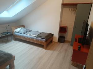 a bedroom with a bed and a television in it at Ferienwohnung Fernblick in Saalfeld