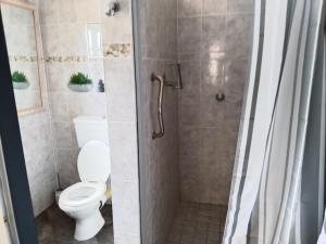 a bathroom with a toilet and a shower at Happy Haven in Welkom
