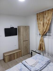ピロトにあるApartman “Sanja”のベッドと壁にテレビが掛かった寝室
