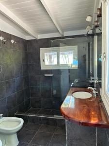 uma casa de banho com um lavatório, um chuveiro e um WC. em El LUCERITO em Mar de Ajó