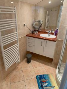 a bathroom with a sink and a shower with a mirror at Superbe duplex accès et vue mer, garage, linge fourni in Saint-Hilaire-de-Riez