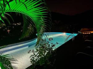 a swimming pool at night with a palm tree at Beautiful 5-Bedroom Villa Ashiana in Marigot Bay villa in Marigot Bay
