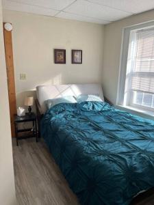 a bedroom with a bed with a blue comforter and a window at Comfy Apt near Guthrie RPH Sayre in Sayre