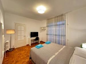 a bedroom with a bed and a desk with a television at Rooms Nuevo Roger in Barcelona