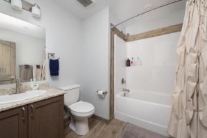 a bathroom with a toilet and a tub and a sink at The Antler Ridge Cabin in Valemount