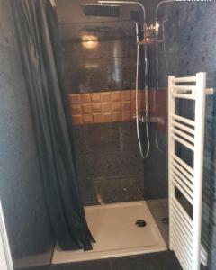 een douche met een douchegordijn in de badkamer bij Célest' Inn in Cléder