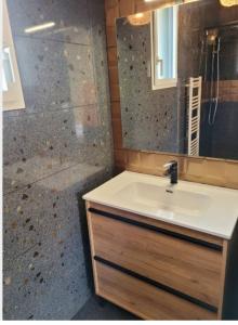 een badkamer met een wastafel en een douche bij Célest' Inn in Cléder