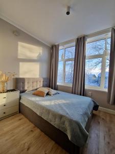 a bedroom with a large bed and two windows at Tolstoi Scandinavian 1 bedroom apartment + free parking in Tartu