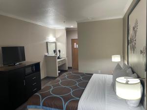 Super 8 by Wyndham San Antonio/Alamodome Area في سان انطونيو: غرفة فندقية بسرير وتلفزيون بشاشة مسطحة