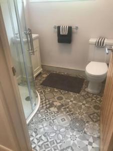 a bathroom with a glass shower and a toilet at Just Stay Wales - Marshmallow Cottage, Oxwich in Swansea