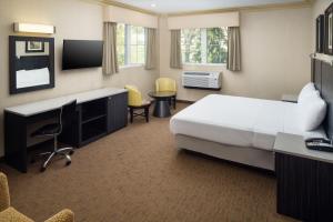 フォート・リーにあるスカイビュー モテルのベッドとデスクが備わるホテルルームです。
