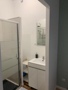 La salle de bains blanche est pourvue d'un lavabo et d'un miroir. dans l'établissement Élégance abordable : Appartement rdc proche de la plage, à Malo-les-Bains