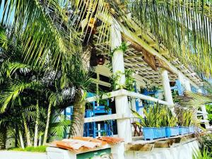 a building with palm trees and blue chairs at La Bocana Palm House in Santa Cruz Huatulco