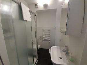 La salle de bains est pourvue d'une douche, d'un lavabo et de toilettes. dans l'établissement I Reali Bed & Breakfast, à Turin