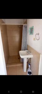 een kleine badkamer met een wastafel en een douche bij Departamento Kassandra in Puerto Peñasco