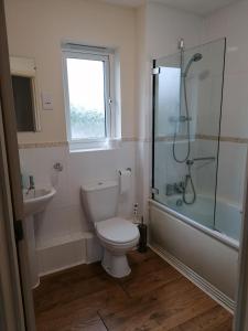 a bathroom with a toilet and a shower and a sink at The Beach House, With Secure Garage for Guest Use in Camber