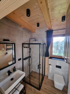 a bathroom with a shower and a sink at Chatka Przy Miedzy in Jabłonka