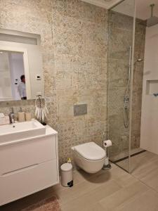ein Badezimmer mit Toilette, Waschbecken und Dusche in der Unterkunft Fantastic apartment in Las Colinas Golf (4 people) in Orihuela