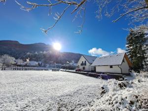 een huis in de sneeuw met de zon op de achtergrond bij Riverside Apartma 2, Kranjska Gora in Kranjska Gora +26 foto's