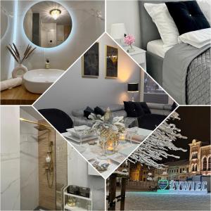 a collage of photos of a hotel room at Apartament Lux SunRise in Żywiec