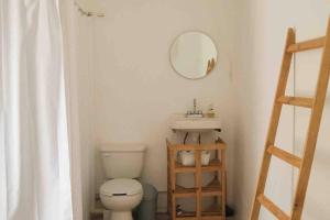ein Badezimmer mit einem WC, einem Waschbecken und einem Spiegel in der Unterkunft Casa yucateca ZAMA en Santiago. in Mérida