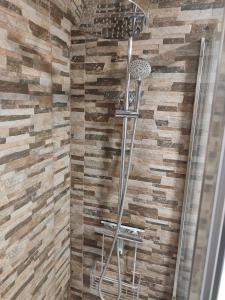 a shower in a bathroom with a stone wall at Descanso en el pirineo in Villanúa